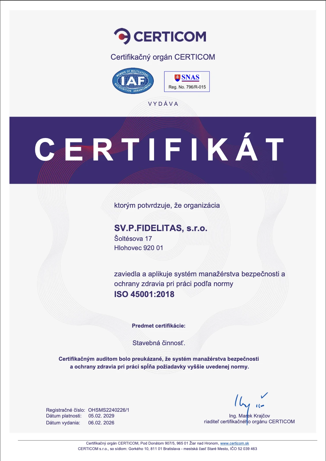 ISO 45001:2018 Certifikát