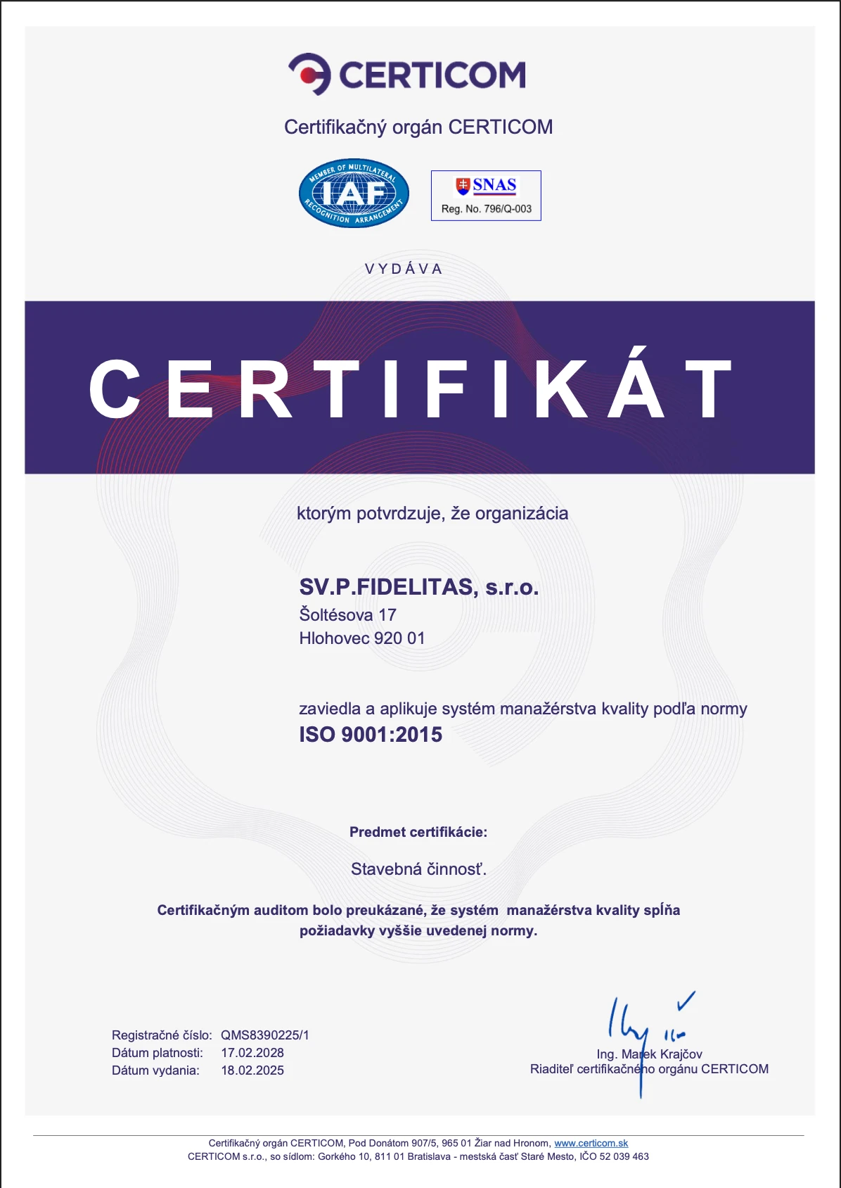 ISO 9001:2015 Certifikát