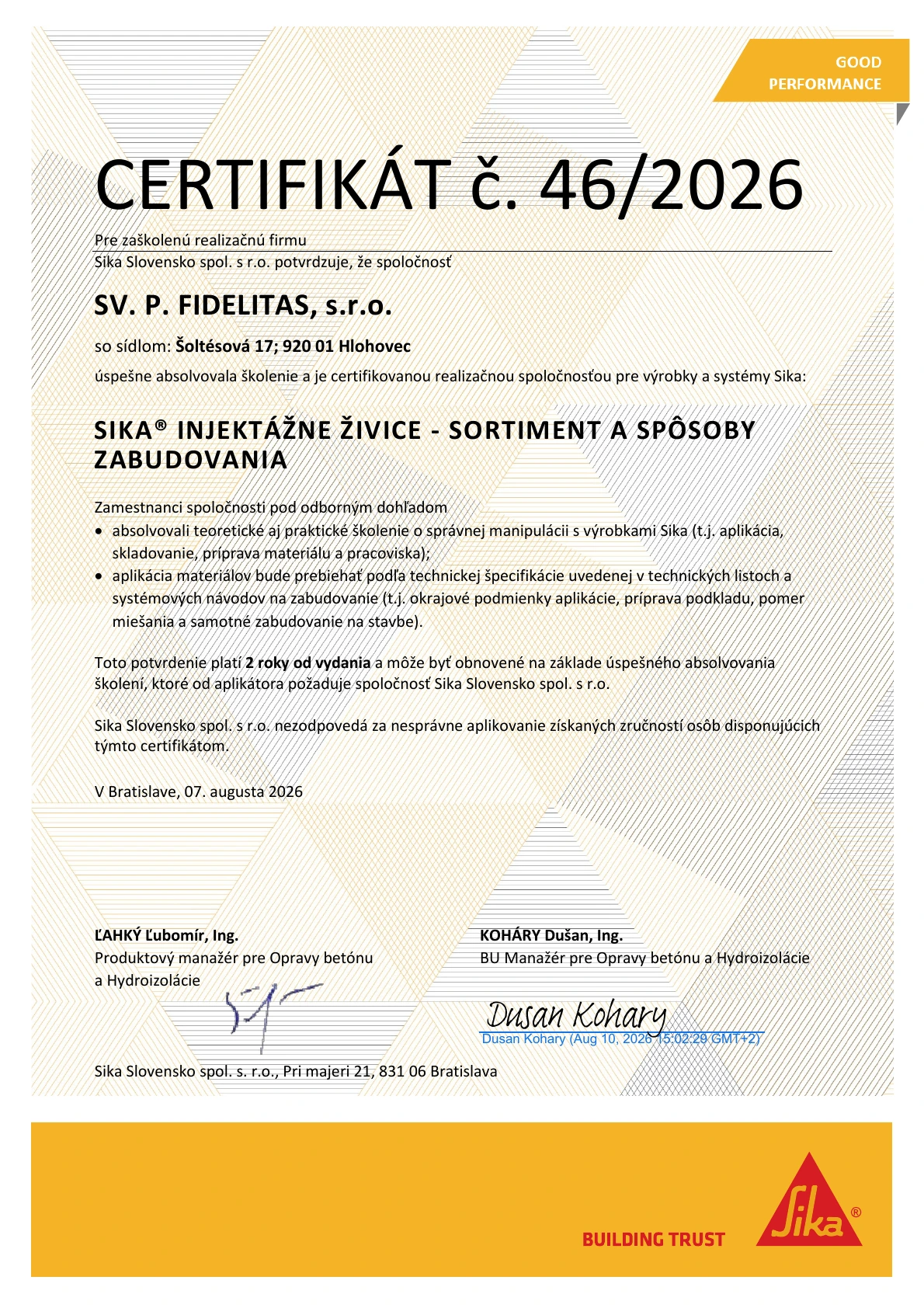 Sika certifikát č. 46/2026 – injektážne živice
