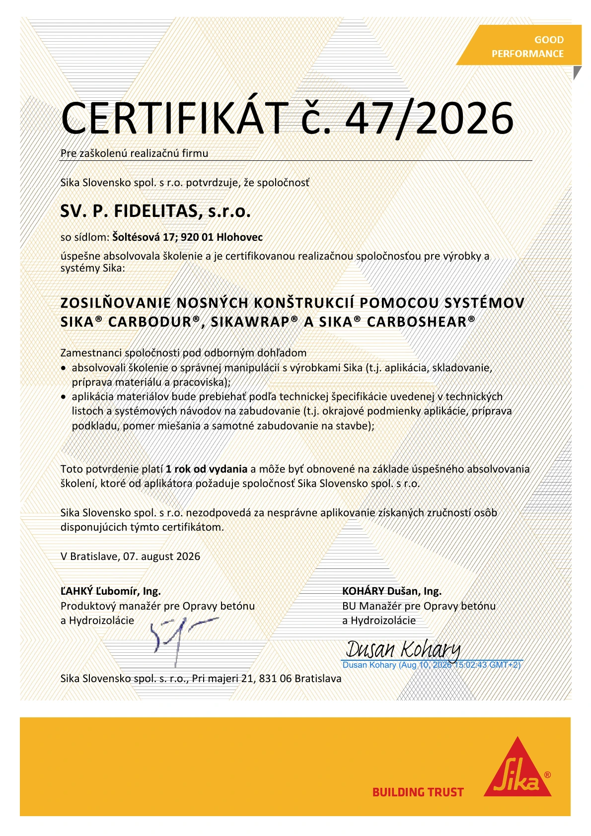 Sika certifikát č. 47/2026 – systémy CarboDur, SikaWrap a CarboShear